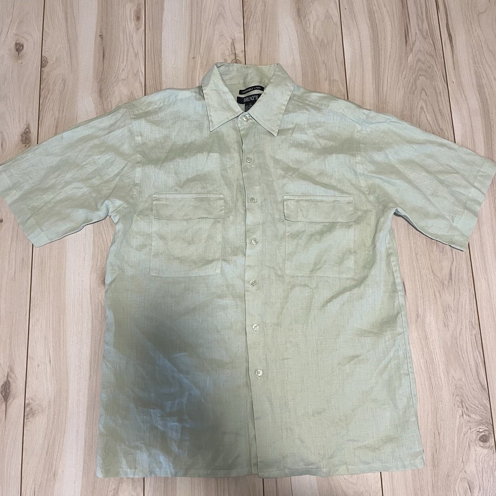 Bruno Washable Linen Button Down Tan Short Sleeve Shirt Men's Size L Large